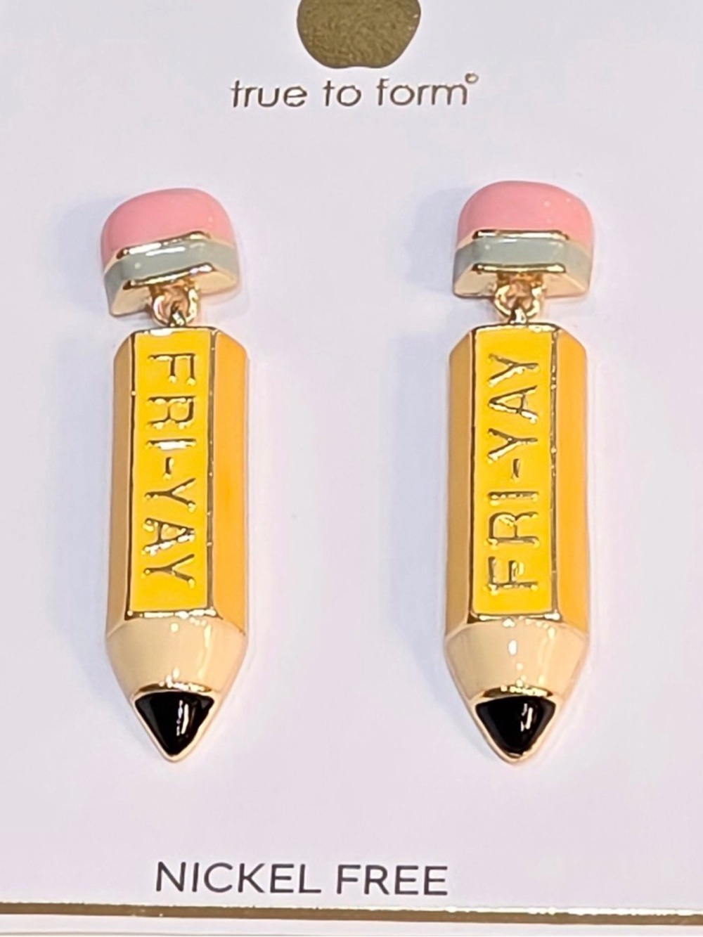 True to Form Pink & Yellow Pencil Charm Earrings - 'FRI-YAY'